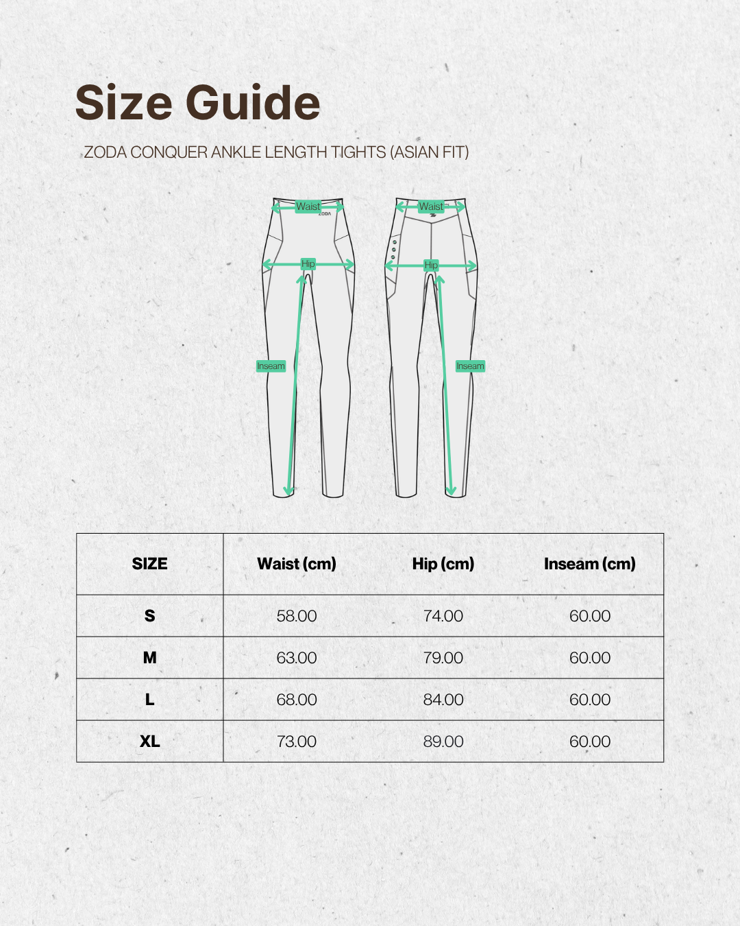 Size guide for Zooda Conquer Ankle Length Tights on a textured gray background Zoda.sg