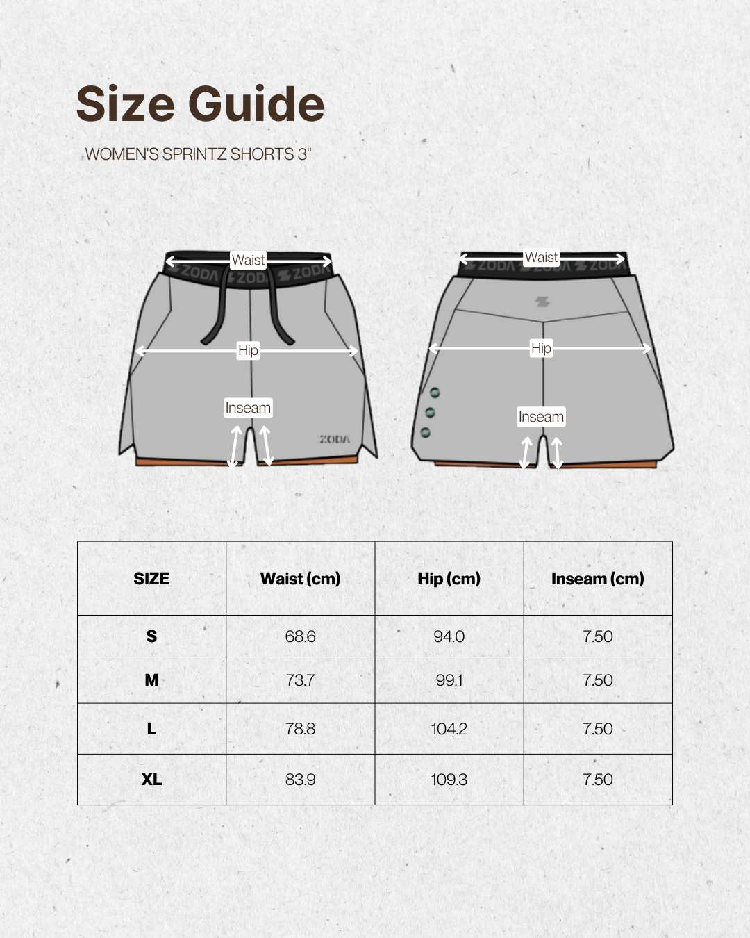 Zoda Size guide for women's sprintz shorts with measurements on a light gray background