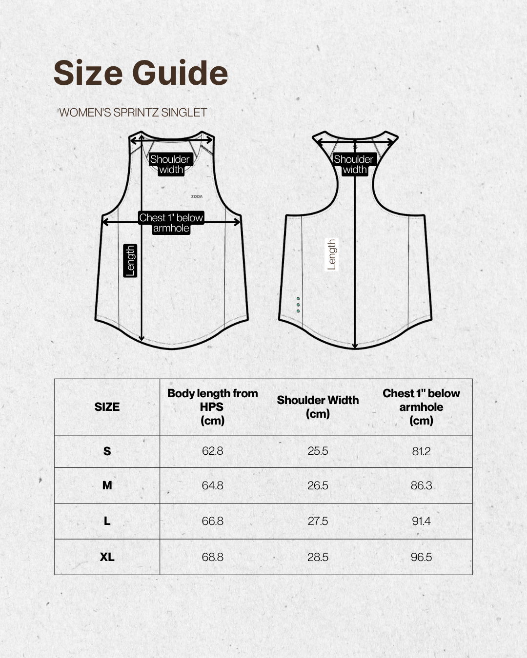Zoda -Size guide for women's sprintz singlet with measurements on a textured background