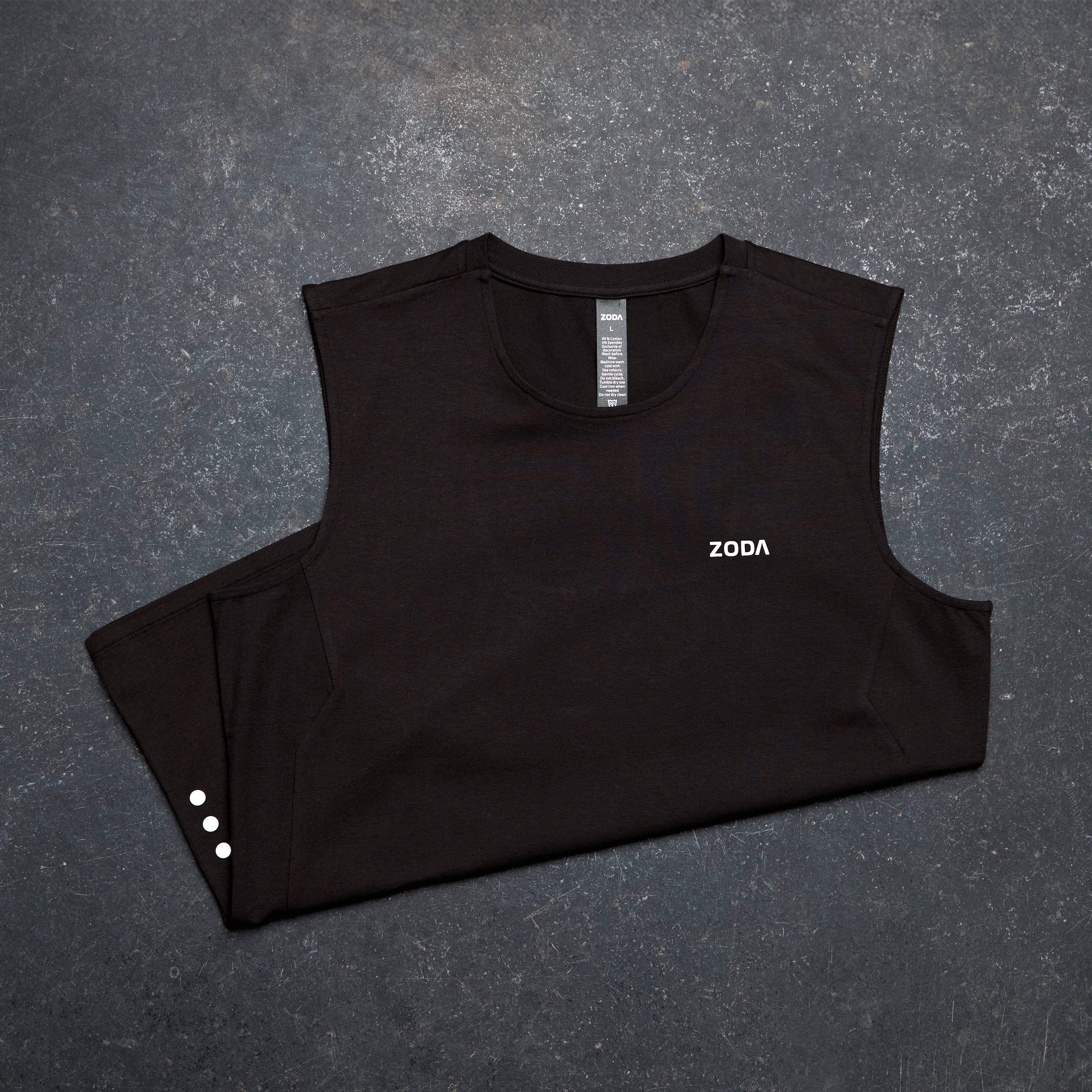 Black sleeveless shirt with 'Zoda' branding on a gray surface Zoda.sg