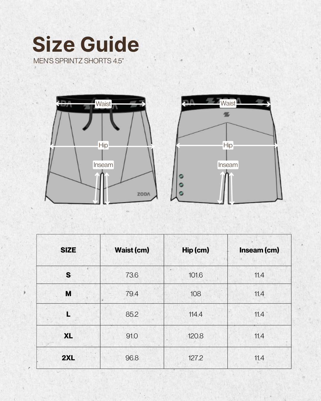 Zoda Size guide for men's sprintz shorts with measurements on a light gray background