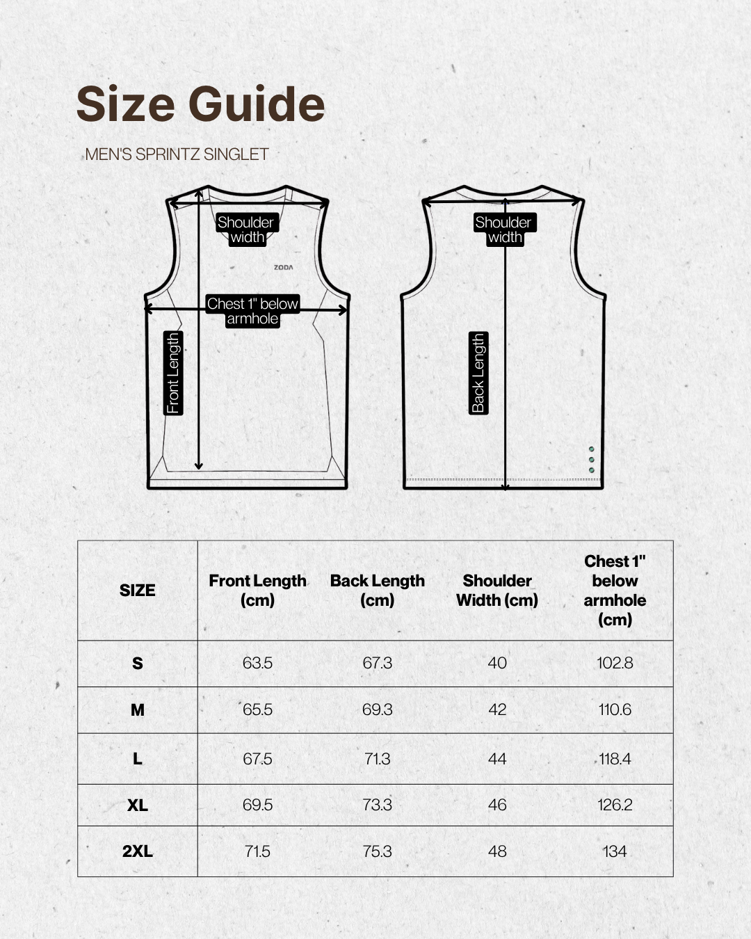 Zoda-Size guide for men's sprintz singlet with measurements on a light gray background