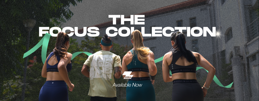 Four people in athletic wear with 'The Focus Collection' text overlay. Zoda.sg "Available Now"